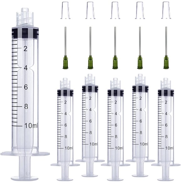 TOUFEIYUAN 5 Pcs 10ml Syringe Repair Syringe Liquid Measuring Syringe Tool Individually Sealed Dull Needle with Cap for Science Laboratory, Feeding Pet, Cat Dog Doser, Water Filter, Ink Injection, Oil or Glue Applicator