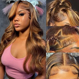 MARUOL Honey Blonde Ombre 13x6 Lace Front Wigs Human Hair 200% Density Highlight Body Wave HD Lace Front Wigs Pre Plucked Glueless P4/27 Colored Wig for Women Average Cap Tangle Free 24in