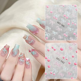 3 Sheets Cherry Bow Nail Art Stickers 5D Pink Nail Stickers for Nail Art Self-Adhesive Nail Decals Jelly Embossed Cherry Ribbons Nails Design French Tip Nail Decals Manicure Supplies for Woman Girls