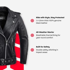 HWK Brando Women's Classic Black Leather Motorcycle Jacket with Polyester Thermal Lining & Vintage Style for All-Season Riding - 2X-Large - Leather Biker Jacket