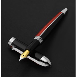Xezo Visionary Brass and Aluminum Fountain Pen, Fine Nib. Hand-Lacquered in Red and Black. Numbered in Limited Edition of 500. Classic Art Deco Color Disposition, Retrofuturistic Body Style