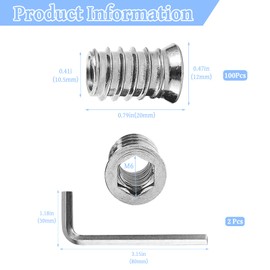 Pack of 100 Threaded Insert Wood, M6 x 20 Screw Nuts Threaded Sleeve Stainless Steel Thread Adapter Reducing Nut Set Threaded Sleeves with Hex Key