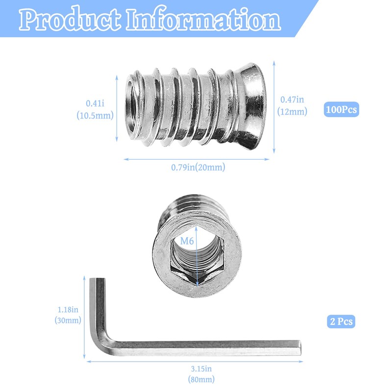 Pack of 100 Threaded Insert Wood, M6 x 20 Screw