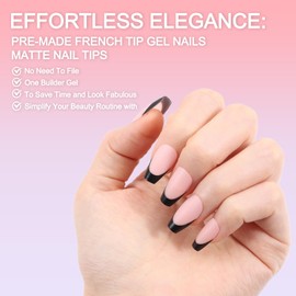 WUZIA French Tips Gel x Nail Tips, 240PCS Press on Nails Pre-applied Tip Primer & Base Coat Cover, 15 Size Soft Gel Fake Nails for Nail Extension DIY(Matte Black-LN White S Coffin)