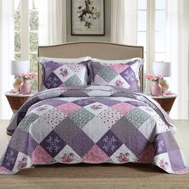 Travan Bedspread Quilt Set 3-Piece Lightweight Coverlet Set with Shams Reversible Quilted Bedding Set for All Season, Purple Floral, Queen Size