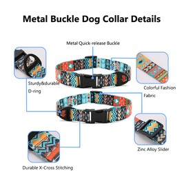 Dog Collar and Leash Set, Soft Bohemia Patterns Ethnic Style Adjustable Collar with Metal Buckle and 4ft Padded Handle Matching Leash for Small Medium Large Dogs (Blue&Black Stripe, Large)