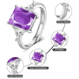 Eastlily 3.5ct Simulated 8*10mm Gemstone Birthstone Adjustable Rings 925 Sterling Silver Plated Emerald Cut Wedding Rings for Women, Promise for Her Engagement Rings, Birthday Jewelry Gifts June-Alexandrite