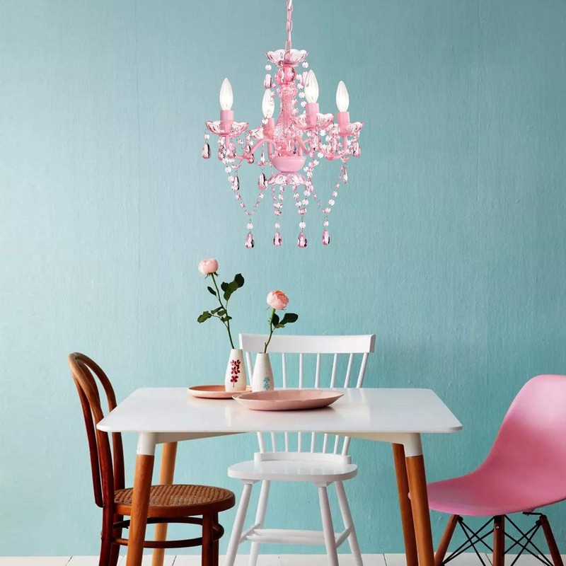 Mini Chandelier with Acrylic Crystals Pink Chandelier 4 Light Modern