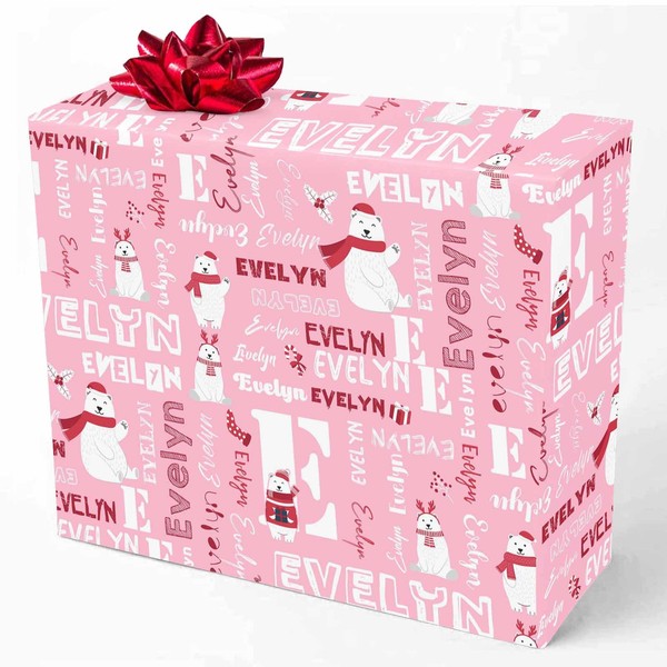 MyPupSocks Personalized Wrapping Paper with Name, Red Pink and White