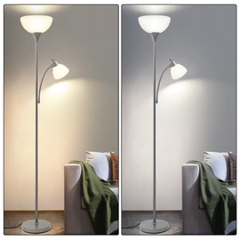 HonoDing Adjustable Black Floor Lamp with Reading Light Susan Modern Standing Lamps for Living Room/Office Lamp 72" Tall - 150-watt with Side Reading Light Corner Lamps (Silver)