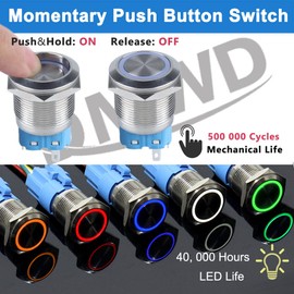 DMWD 2PCS 22MM Metal Momentary Push Button Switch 12V-24V Ring Led 1NO 1NC Self-Reset ON/Off Waterproof 7/8’’ Mounting Hole with Wire Socket (Green Led)