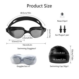 XFSRG Schwarz Versilbert Schwimmbrille Schwimmkappe 50G für Herren und Damen UV-Schutz Anti Nebel Verstellbar Gurt Komfort Profi Schwimmbrillen mit Ohrstöpsel Nasenklammer
