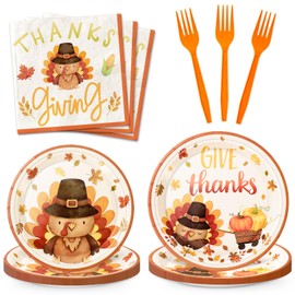 JarThenaAMCS 96Pcs Thanksgiving Tableware Set Cute Turkey Give Thanks Disposable Party Supplies Fall Paper Plates Napkins and Forks for 24 Guests Autumn Harvest Table Decor