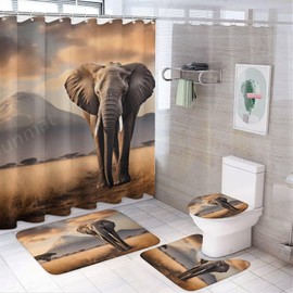 SOPIYRIO 4 Pcs Funny Elephant Shower Curtain Set with Rug Colourful Sky Autumn Animal Bathroom Sets with Waterproof Shower Curtain and Non-Slip Rugs Toilet Lid Cover Bath Mat Decor with 12 Hooks