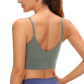 CRZ YOGA Women's V Back Longline Sports Bra with Adjustable Straps Wireless Workout Padded Yoga Bra Cropped Tank Tops Grey Sage L