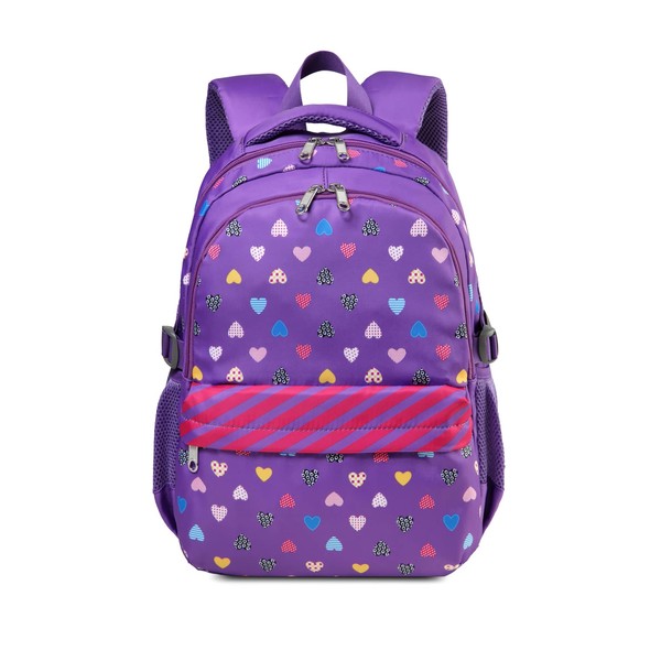 BLUEFAIRY Kindergarten Backpack Elementary Toddler Girls School Bags for Preschool Cute Book Bags with Sweet Hearts Print Mochila para 3 4 5 6 Niñas 16 Inch (Purple)