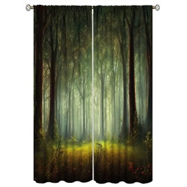Cortina de bosque, fantasía de cuento de hadas mágica luz de noche soleada a través de ramas árboles, árboles mágicos, área de bosque, plantas de puesta de sol, musgo, césped, bosque, 2 paneles, 21 pulgadas de ancho x 63 pulgadas de largo cada panel