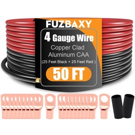 Fuzbaxy 4 Gauge Wire (25 Feet Black+25 Feet Red) Copper Clad Aluminum CCA - Primary Automotive Wire Power/Ground,20PCS Lugs Terminal Connectors,20PCS Heat Shrink Tubing