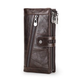 Contacts Genuine Leather Wallet for Men,Large Capacity Bifold Checkbook Organizer Clutch,3 Zipper Purse Long Wallet with 12 Cards Slots(Coffee)