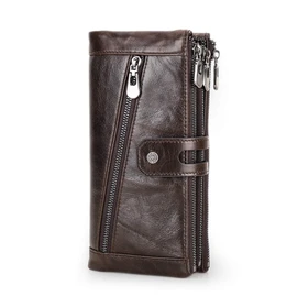 Contacts Genuine Leather Wallet for Men,Large Capacity Bifold Checkbook Organizer Clutch,3 Zipper Purse Long Wallet with 12 Cards Slots(Coffee)
