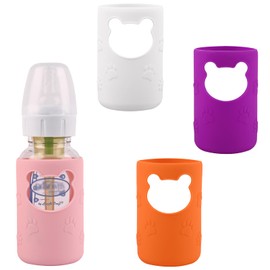 4 Pack Silicone Sleeves for Dr Brown's Glass Baby Bottles, Anti Breakage Baby Bottle Holder, Compatible Dr. Brown's Natural Narrow Glass Baby Bottles 4 oz, BPA Free (White+Pink+Purple+Orange)