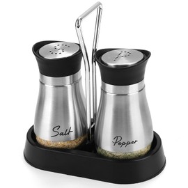 Accmor Salt and Pepper Shakers Set with Holder, 4 oz Stainless Steel Salt Pepper Shaker Containers with Glass Bottom for Kitchen Cooking, BBQ, Bar, Table, RV, Camp