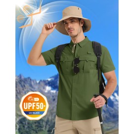 MAGCOMSEN Sun Protection Fishing Shirts for Men UPF 50+ Cooling Quick Dry Breathable Hiking Safari Camping Travel Shirts Army Green S