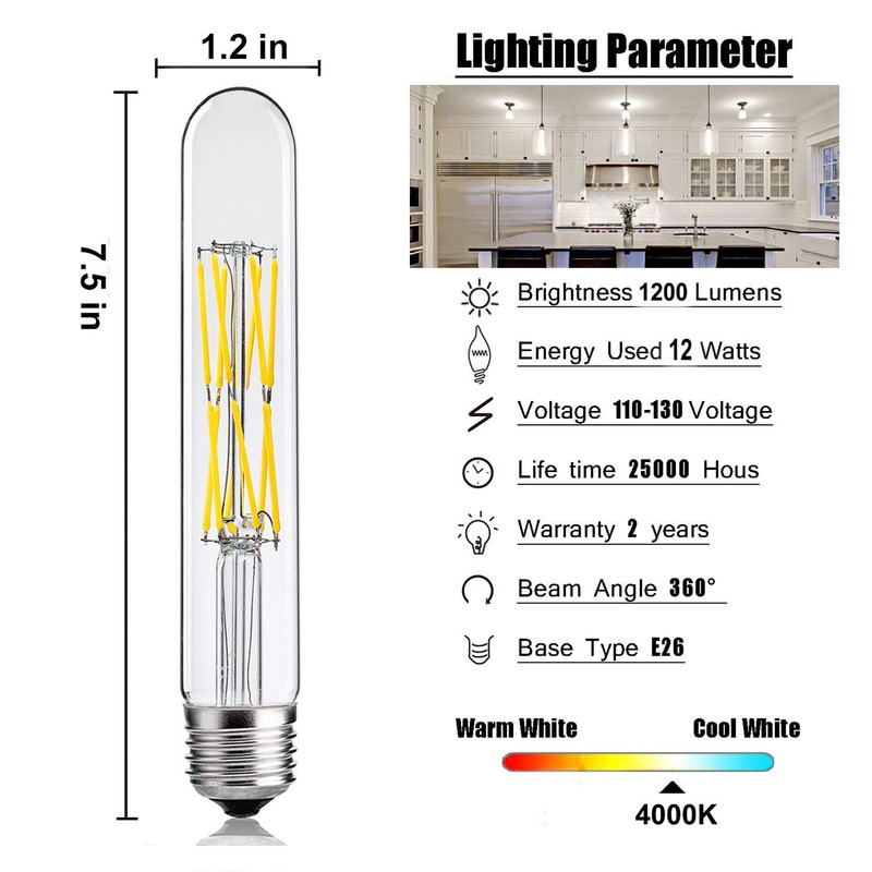 LEOOLS 12W Dimmable Edison Led Tubular Bulb T10/T30,E26 Medium Base