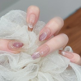 Pure Handmade Nails Press on Nail Reusable Fake Nails Nude CatEyes French Nude Medium Stick on Nails French Tip False Nails 10pcs (S, Q286)