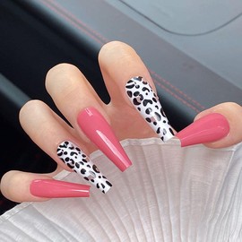 Bufenia Coffin False Nails Long Press On Nails Ballerina Fake Nails Pink Leopard Print Acrylic Stick on Nails for Women Girls 24 Pieces