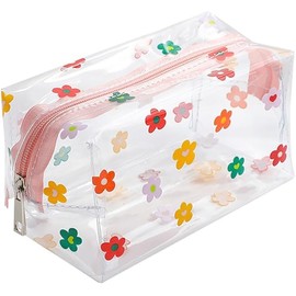 Clear Flower Print Mesh Cosmetic Bag, PVC Material, 7.5 x 4 inches