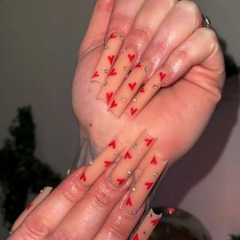 Brishow Valentine's Day False Nails for Sticking, Long False Nails, Press On Nails with Red Heart, Ballerina Acrylic Fake Nails, Pack of 24 for Women and Girls (c)