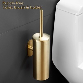 AIREMOEN 1PCS Brushed Gold Stud Free Toilet Brush and Holder Set, 304 Stainless Steel Handle Toilet Brush Holder, Toilet Brush and Plunger Set, Bathroom Wall-Mounted Compact Toilet Brush Holder