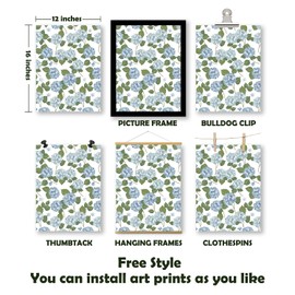 Pleonox Inspirational Coquette Blue Bow Hydrangea Floral Wall Art Prints 12x16 Inch Set of 4, Motivational Sage Green Striped Pictures Wall Decor for Girly Bedroom Room Dorm Apartment, Unframed