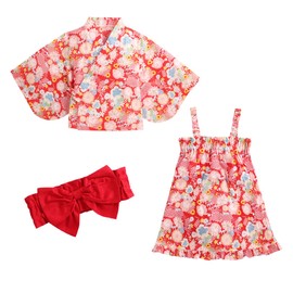 SLINX HF08 Yukata, Children, Girls, Baby, Kids, Summer Festival, Summer Kimono, Yukata, 3-piece Set, Obi Set, Japanese Pattern, One Piece Top and Bottom Set, With Obi, Yukata Dress, Fireworks