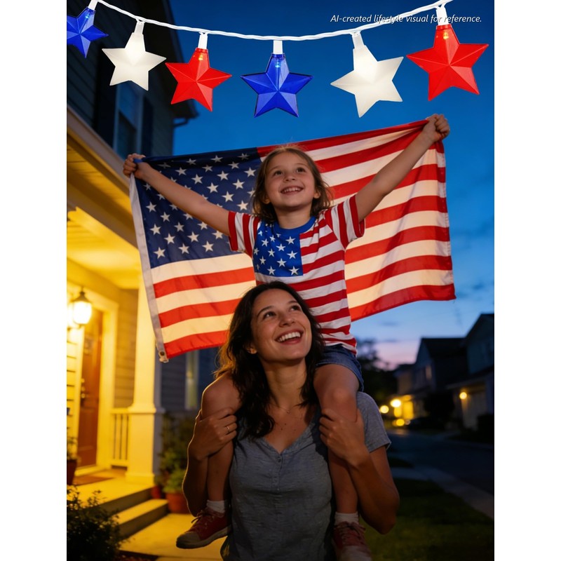 20-Light Patriotic Star String Lights, Red White and Blue LED