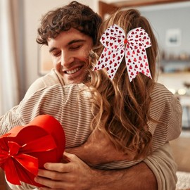 Valentine's Day Heart Hair Tie Large Red Cheer Hair Bow Love Heart Bow Hair Tie Grosgrain Ribbon Bowknot Elastic Hair Tie Ponytail Holder Cheerleader Hair Band Valentines Hair Accessory