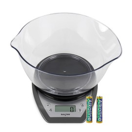Salter Digital Kitchen Scale With Bowl- 2L Dishwasher Safe Mixing Bowl, Easy Dual Pour Wide & Narrow Spouts, Measure Liquids, Add & Weigh Function, Easy Read Display, 5kg Capacity, Silver