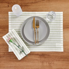 Solino Home Stripe Linen Placemats Set of 4 – 100% Pure Linen Sage and White Placemats 19" L x 14" W Inch – Farmhouse Washable Cloth Placemats for Fall, Thanksgiving, Christmas Decor – Amalfi Stripe
