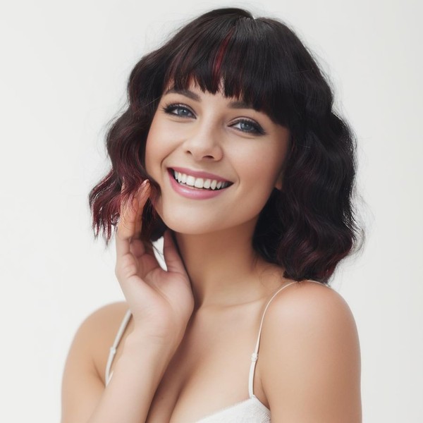 Luxiremi Wigs Red Mixed Black Short Curly Wavy Wig Bob