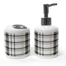 Ambesonne Beige Tan Soap Dispenser & Toothbrush Holder Set, Plaid Checkered Pattern Cultural Squares Stripes Orderly Repeated Art, Ceramic Bathroom Toiletry Accessories, 2 Pcs, Dark Grey Pale Mustard