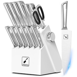 imarku Knife Set G14 - Stainless Steel Kitchen Knives with Block, Built-in Sharpener, Dishwasher Safe, Rust Resistant, Non-Slip Ergonomic Handle - 14pcs Ultimate Gift for Home Cooks & Chefs, White