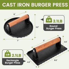 Blackstone Burger Press 7” Round Cast Iron Smash Bacon Press & 8.3”X4.3” Rectangle Cast Iron Grill Press With Wooden Handle for Blackstone Griddle, Ideal for Panini, Steak & Sandwiches, Nonstick Pan