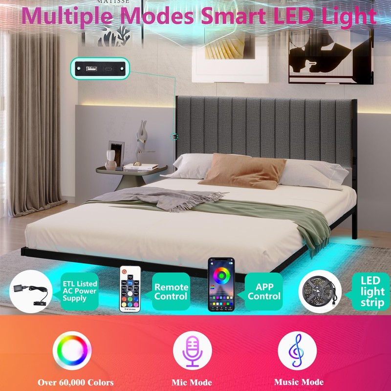 ARFARLY Floating Double Bed Frame with LED Lights and Charging