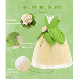 MDYCW Princess Tiana Costume for Girls, Birthday Party Fairy Dress Up, Special Occasion Dress