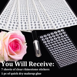 1379 Pcs of Rhinestone Stickers 3/4/5/6/8mm Clear Self Adhesive Face Gems, Stick on Body Crystal Jewels with Quick Dry Makeup Glue for Face Eye Hair Nails Make up and Craft DIY Decorations