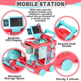 deAO Doctor Kit for Kids Ages 3+, Pretend Doctor Play Set with Doctor Cart, Costume and Stethoscope, Toddlers Doctor Role Playset Medical Kit for Girls Boys (Pink)