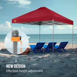CROWN SHADES Adjustable Height on The Fly, 10x10 Pop Up Canopy - Beach Tent with One Push Setup - Easy Outdoor Sun Shade for Events, Parties, Camping - Outside Shade with STO-N-Go Bag, Red