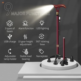 ispuoocti Smart Alarm Walking Cane for Men & Women, Telescopic and Adjustable Walking Sticks for Seniors, USB Direct Charge, with LED Light, One Cane for Three Purposes, Light and Stable (Red)