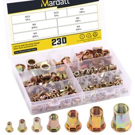 Mardatt Metric Hex Rivet Nut Assortment Kit M3 M4 M5 M6 M8 M10 M12 Carbon Steel Zinc Plated Half Hex Body Rivnut Flat Head Threaded Insert Nutserts (Assortment Kit-230pcs)